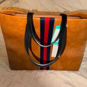 Moda Luxe Tan Tote with Red and Blue Stripes